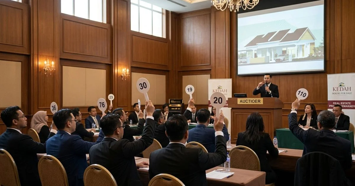 Bilik lelong rumah dengan auctioneer dan pembeli